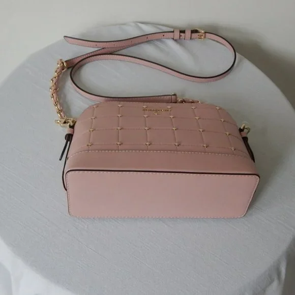 NWT Michael Kors Jet Set Charm LG Dome Crossbody Studs Quilted Leather Bag Rose